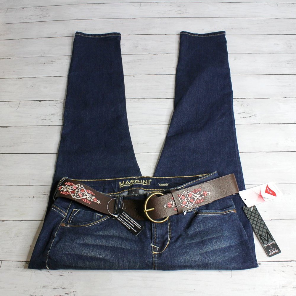 Massini Women's Denim Blue Jeans Size 6 Skinny Stretch Embroidered Belt